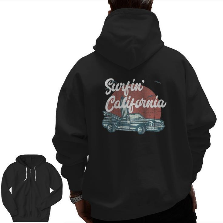 Surfin' California Muscle Car Vintage Convertible Surfer Raglan Baseball Tee Zip Up Hoodie Back Print