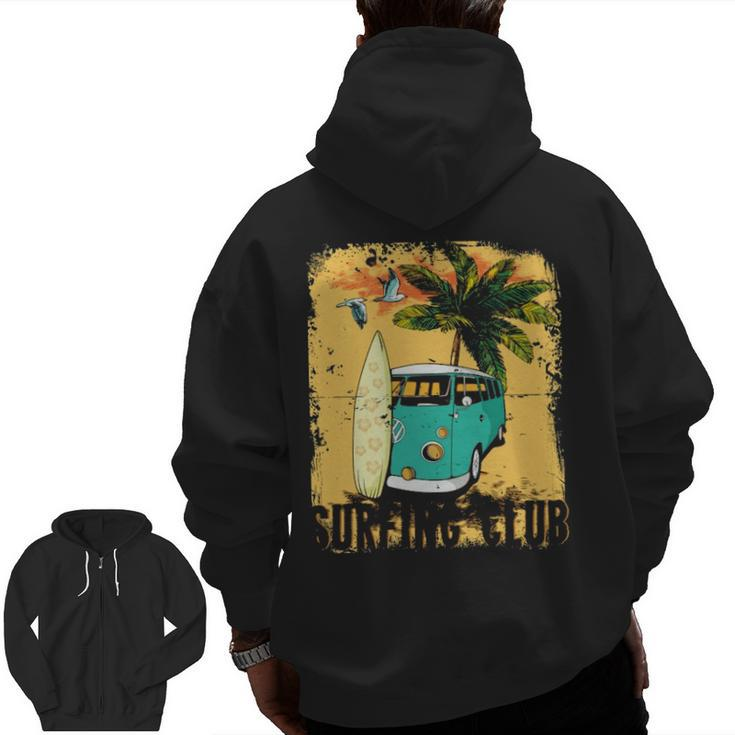 Surfing Summer Beach Hippie Van Bus Surfboard Palm Tree Zip Up Hoodie Back Print