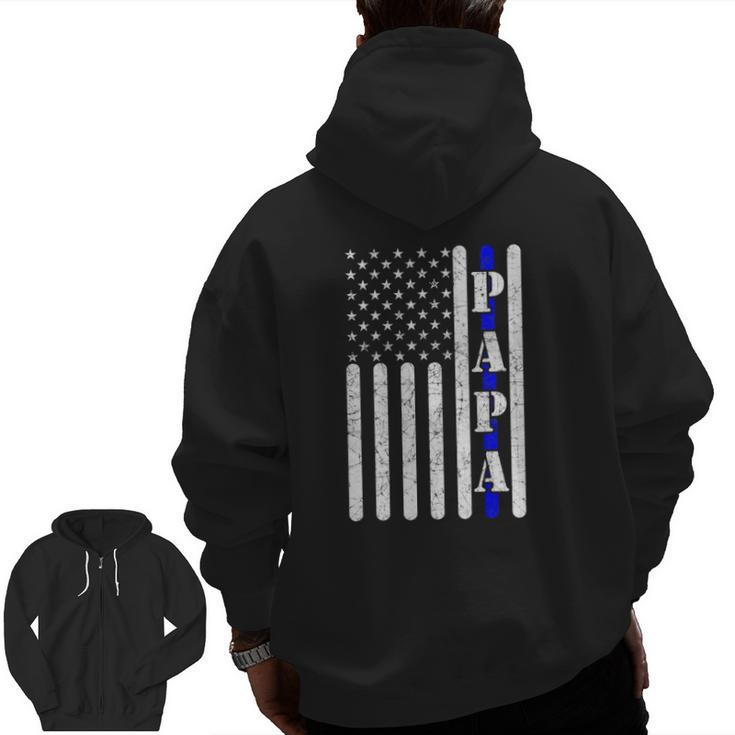 Thin Blue Line Papa Vintage Police American Flag Father's Day Zip Up Hoodie Back Print