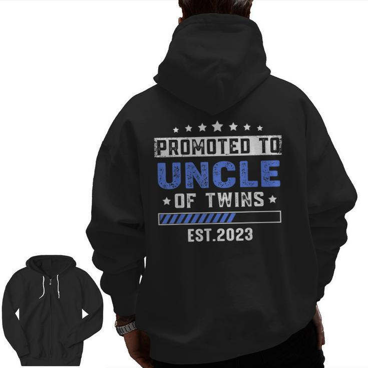Twin Baby Shower Dad Promoted To Uncle Of Twins Est 2023 Zip Up Hoodie Back Print