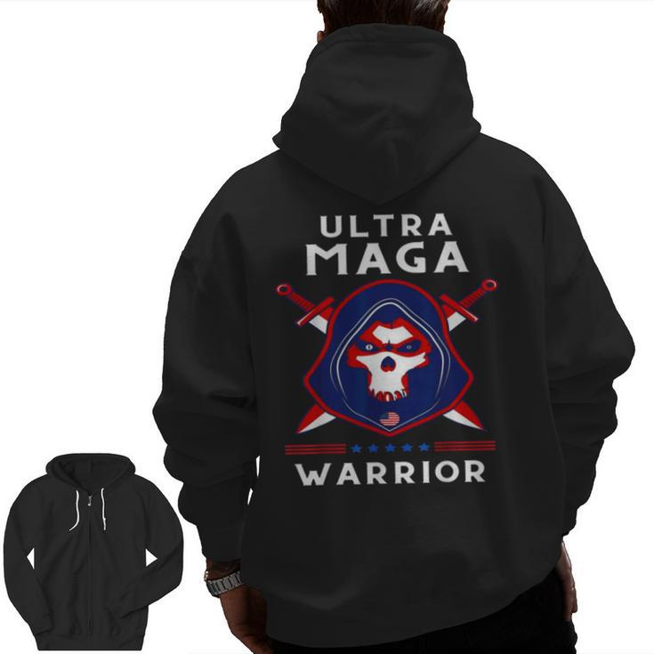 Ultra Maga Warrior Dad Anti Biden Us Flag Pro Trump Zip Up Hoodie Back Print