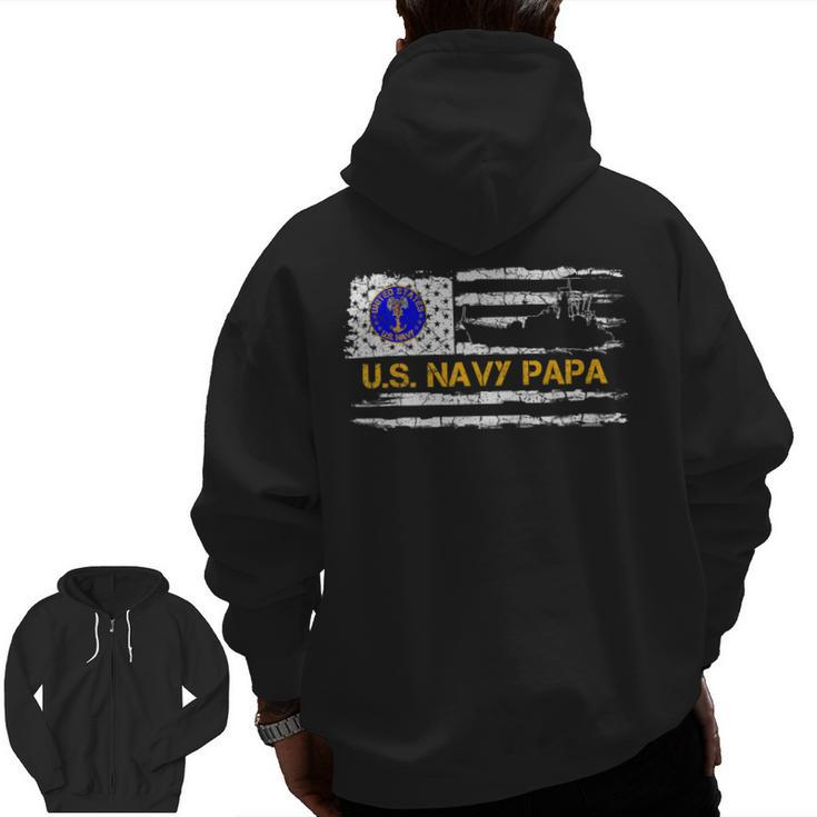 Vintage American Flag Proud Us Navy Papa Veteran Military Zip Up Hoodie Back Print