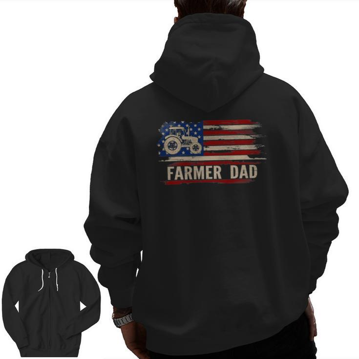 Vintage Farmer Dad American Usa Flag Farming Tractor Zip Up Hoodie Back Print