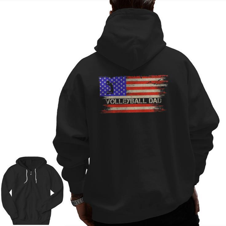 Vintage Usa American Flag Proud Volleyball Dad Silhouette Zip Up Hoodie Back Print
