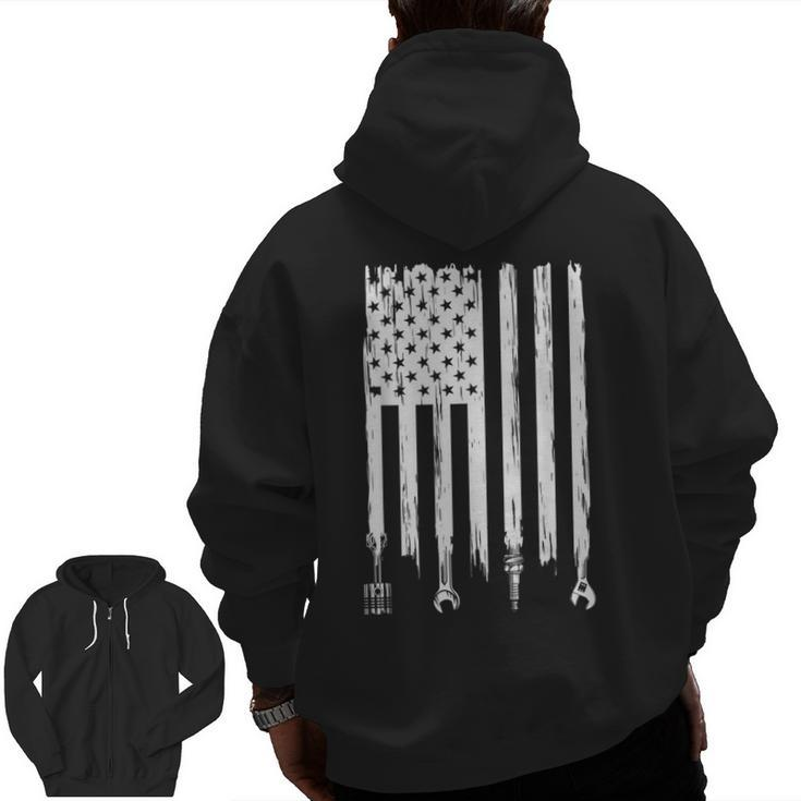 Wrench Piston American Flag Fathers Day Car Mechanic Garage Zip Up Hoodie Back Print