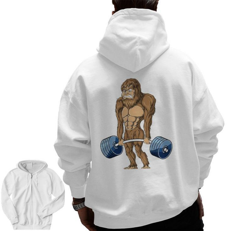 Deadlifting Sasquatch Bigfoot Weightlifting Workout Zip Up Hoodie Back Print