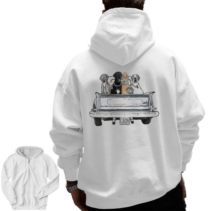 Great Danes In A Pickup Truck Top For Men Large Dog Dad Zip Up Hoodie Back Print