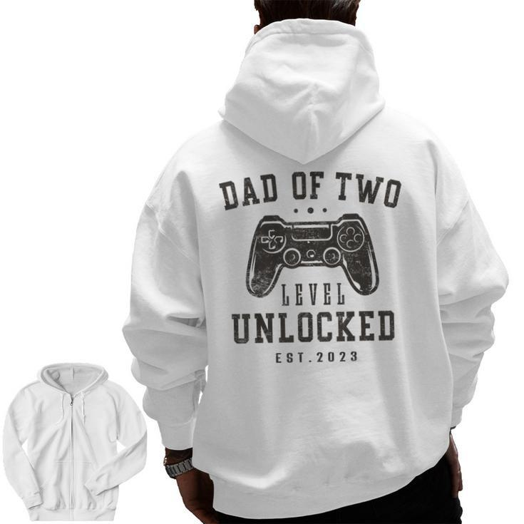Mens Dad Of Two Level Unlocked 2023 Promoted To Daddy Again Zip Up Hoodie Back Print