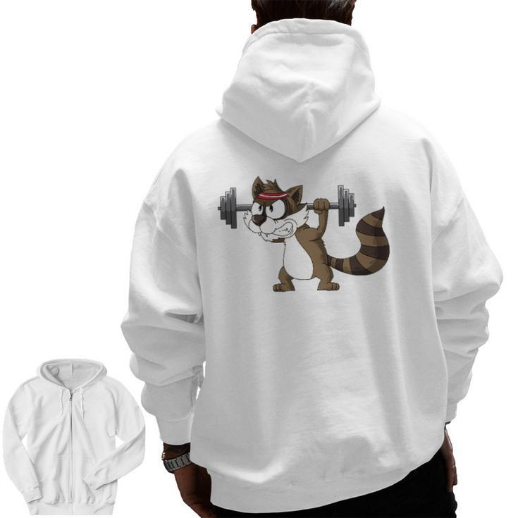 Raccoon Weight Lifting Gym Apparel Barbells Fitness Workout Zip Up Hoodie Back Print