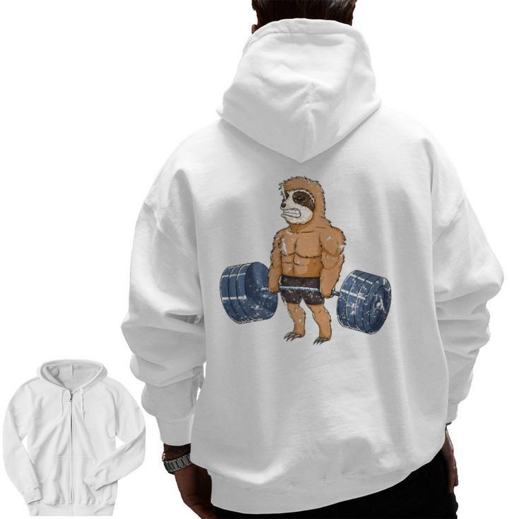 Vintage Sloth Weightlifting Bodybuilder Muscle Fitness Zip Up Hoodie Back Print