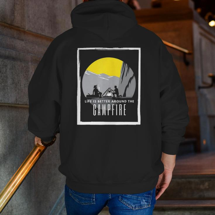 Dad And Son Outdoor Campfire On Mountain Summertime Zip Up Hoodie Back Print