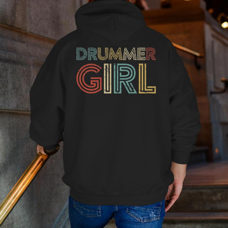 Drummer Girl Retro Vintage Drumming Musician Percussionist Zip Up Hoodie Back Print