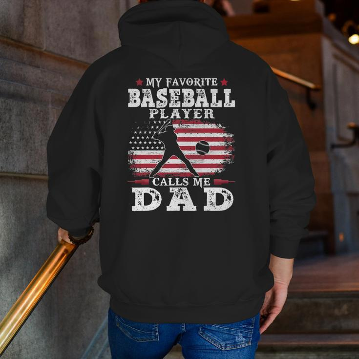 Favorite Baseball Player Calls Me Dad Usa Flag Father's Day Zip Up Hoodie Back Print