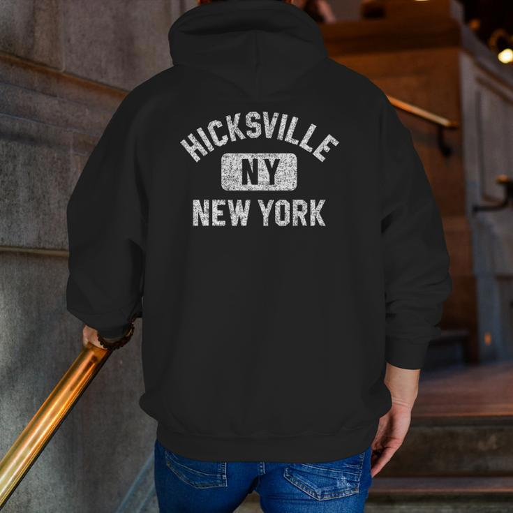 Hicksville Ny New York Gym Style Distressed White Print Zip Up Hoodie Back Print