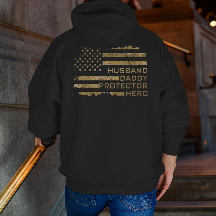Husband Daddy Protector Hero Fathers Day American Flag Camo Zip Up Hoodie Back Print