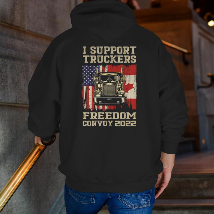 I Support Truckers Freedom Convoy 2022 American Canada Flags Zip Up Hoodie Back Print