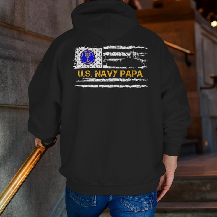 Vintage American Flag Proud Us Navy Papa Veteran Military Zip Up Hoodie Back Print