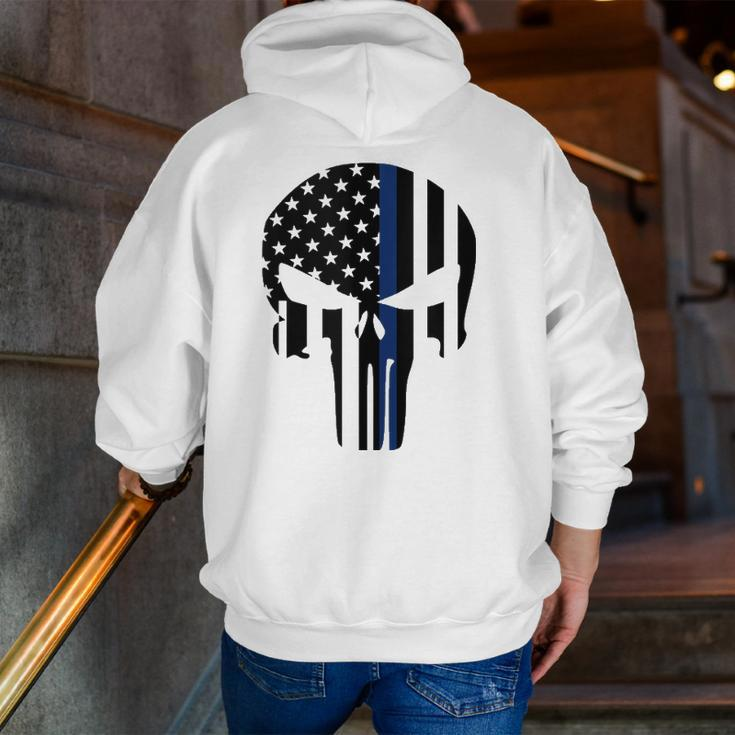 Blue Line American Skull Flag Support Police Zip Up Hoodie Back Print