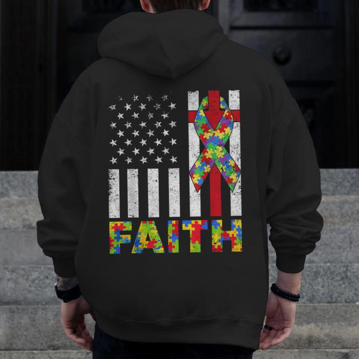 Autism Awareness Faith Cross Autistic Usa Flag For Dad Mens Zip Up Hoodie Back Print