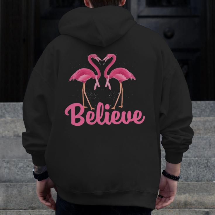 Believe Breast Cancer Flamingo Awareness Pink Ribbon Zip Up Hoodie Back Print