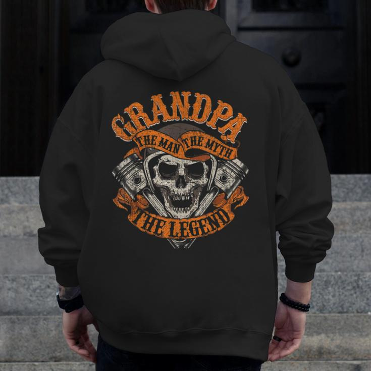 Biker Grandpa Man Myth Legend Fathers Day Grunge Motorcycle Zip Up Hoodie Back Print