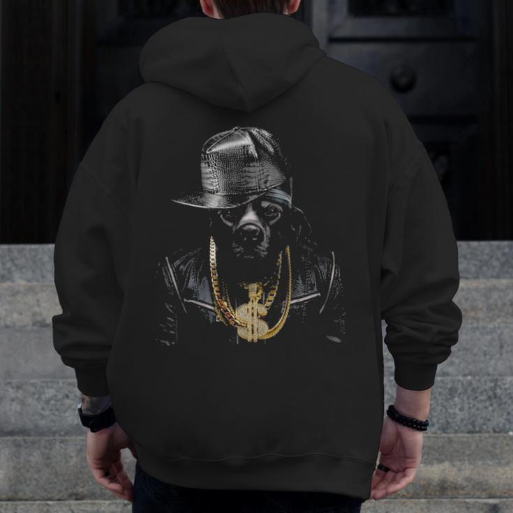 Black Pit Bull Rapper As Hip Hop Artist Dog Zip Up Hoodie Back Print
