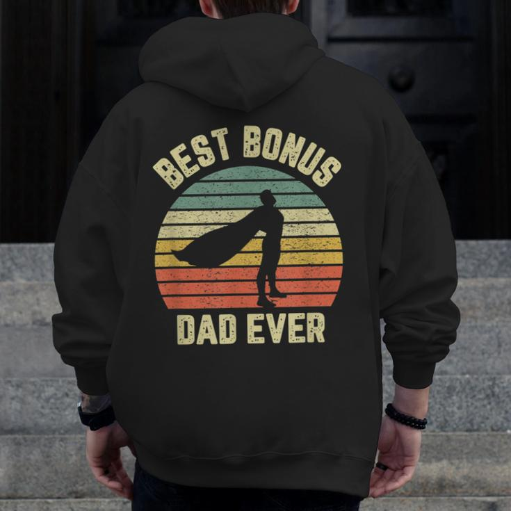 Bonus Dad Cool Retro Hero Best Bonus Dad Ever Zip Up Hoodie Back Print
