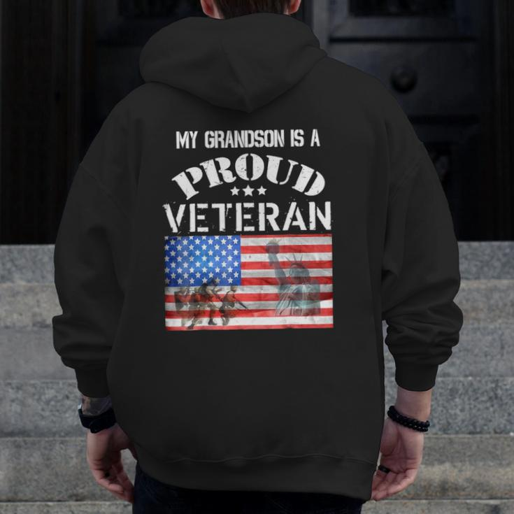 My Grandson Is A Proud Veteran American Flag Soldiers Tee Zip Up Hoodie Back Print