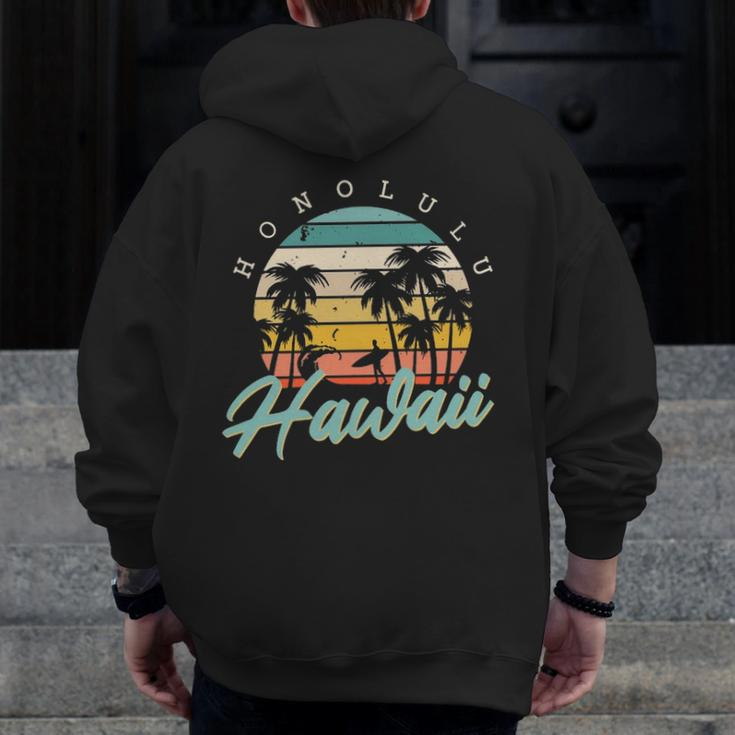 Honolulu Hawaii Surfing Oahu Island Aloha Sunset Palm Trees Zip Up Hoodie Back Print