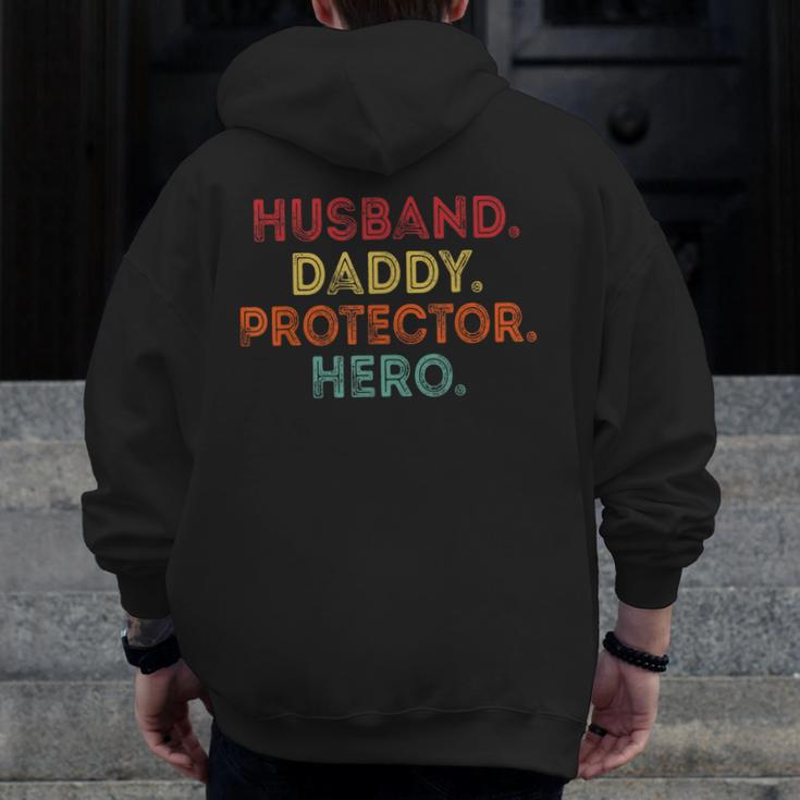 Husband Daddy Protector Hero Dad Fathers Day Vintage Zip Up Hoodie Back Print