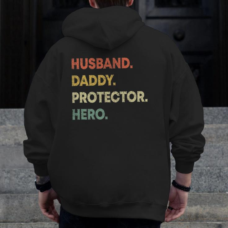 Mens Husband Daddy Protector Hero Dad Fathers Day Zip Up Hoodie Back Print