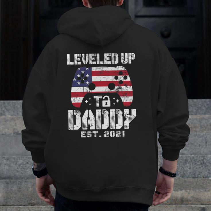 Mens Leveled Up To Daddy Est 2021 Dad Level Unlocked Zip Up Hoodie Back Print