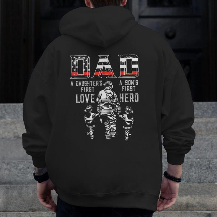 Mens Oxbd Dad Daughter Love Son Hero Fireman Dad Fathers Day Zip Up Hoodie Back Print