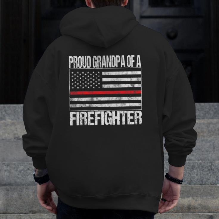 Mens Proud Grandpa Of A Firefighter Fireman Support Red Line Flag Zip Up Hoodie Back Print