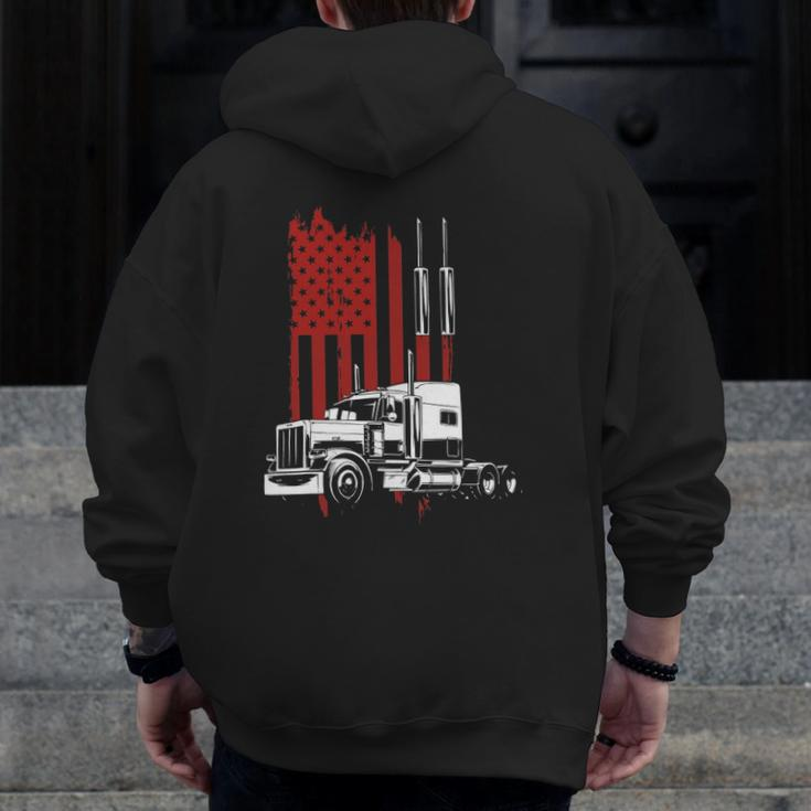 Mens Trucker American Flag Patriotic Truck Driver 4Th Of July Zip Up Hoodie Back Print