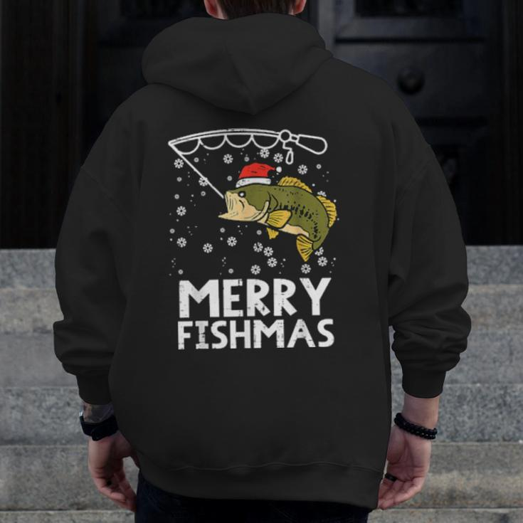 Merry Fishmas Fish Fishing Xmas Pjs Christmas Pajama Dad Zip Up Hoodie Back Print