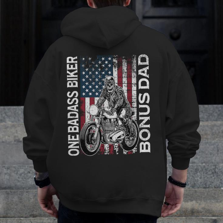 One Badass Biker Bonus Dad Grunge American Flag Skeleton For Dad Zip Up Hoodie Back Print