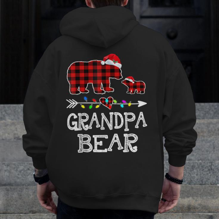 Red Plaid Grandpa Bear & Kid Christmas Light Santa Hat Zip Up Hoodie Back Print