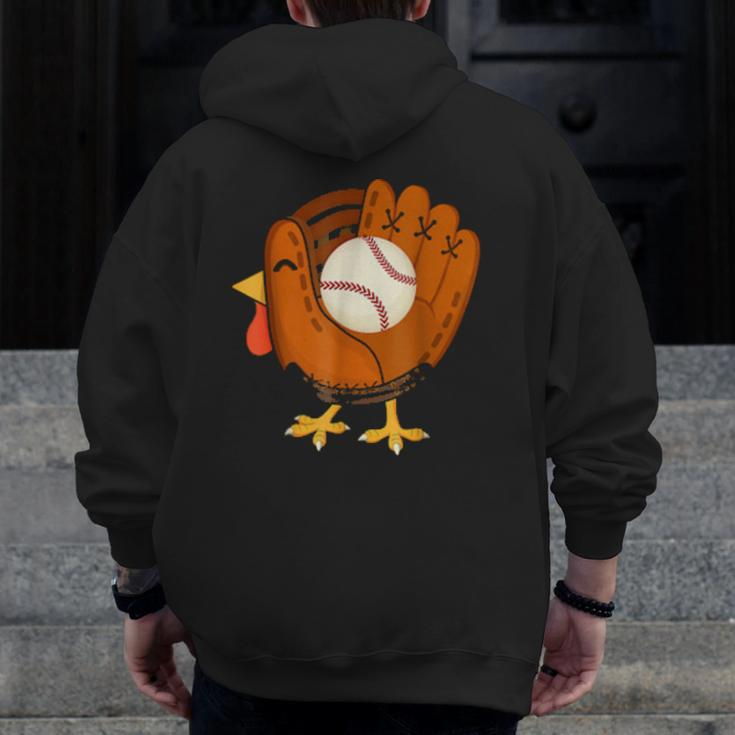Turkey Baseball Glove Thanksgiving Day Catchers Boys Dads Zip Up Hoodie Back Print
