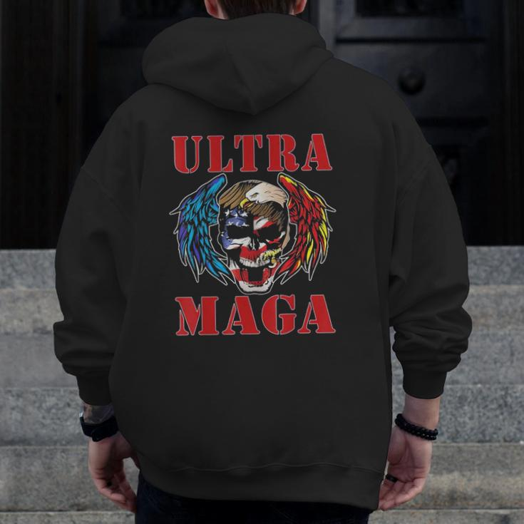 Ultra Maga Anti Joe Biden American Flag Skull Bald Eagle Zip Up Hoodie Back Print