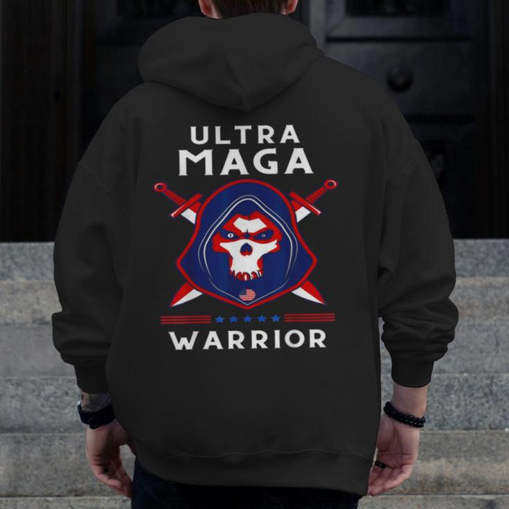 Ultra Maga Warrior Dad Anti Biden Us Flag Pro Trump Zip Up Hoodie Back Print