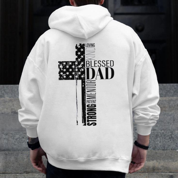 Cool Christian Blessed Dad Cross American Flag Fathers Day Zip Up Hoodie Back Print
