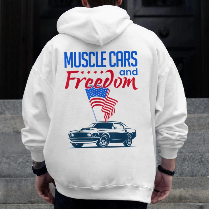 Muscle Cars & Freedom American Car Enthusiast July 4Th Flag Cars Zip Up Hoodie Back Print