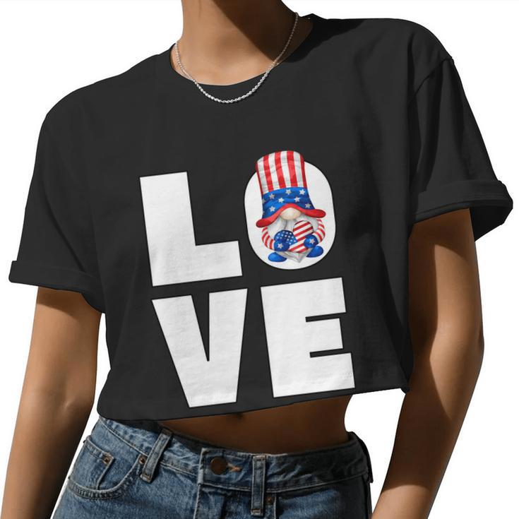 4Th Of July Gnome For Women Patriotic American Flag Heart Women Cropped T-shirt