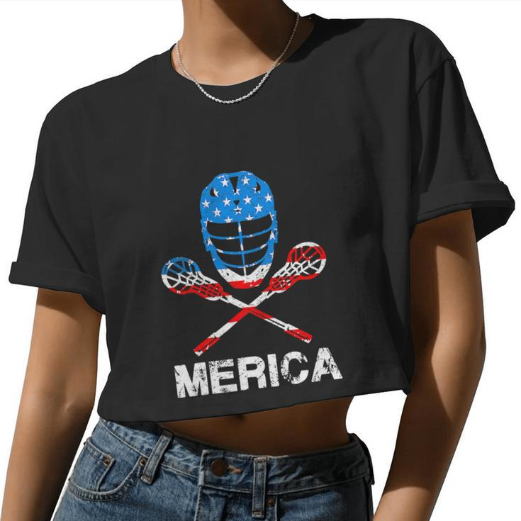 4Th Of July Merica Lacrosse American Flag Women Cropped T-shirt