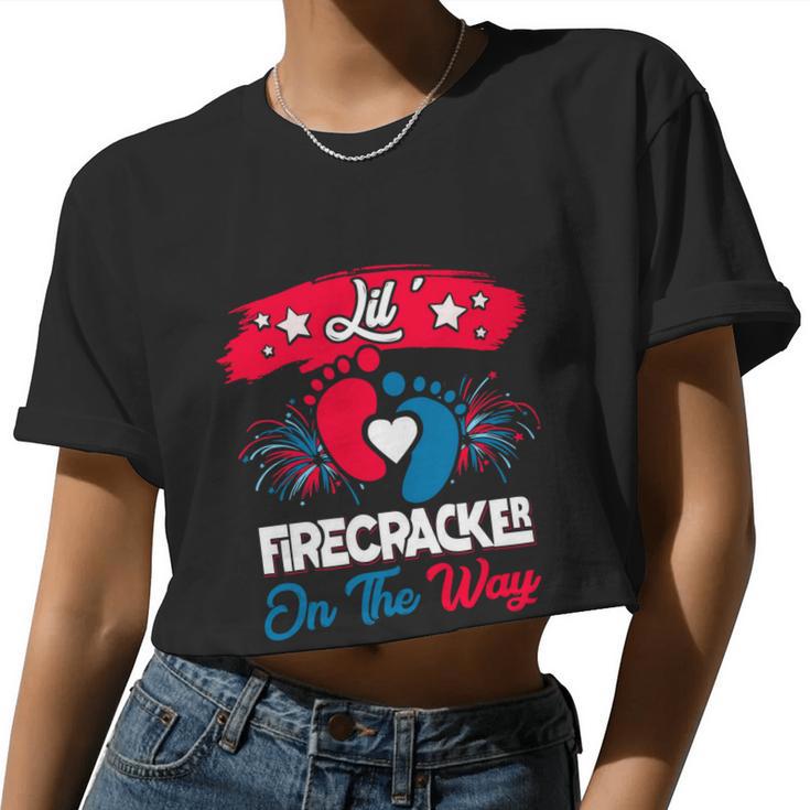 4Th Of July Pregnancy Patriotic Lil' Firecracker On The Way Women Cropped T-shirt