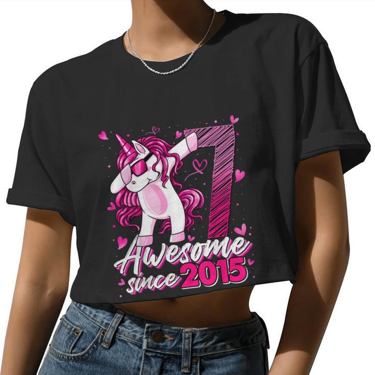 7 Years Old Unicorn Dabbing 7Th Birthday Girl Unicorn Party Women Cropped T-shirt