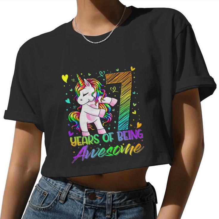 7Th Birthday 7 Year Old Girl Flossing Unicorn Party Women Cropped T-shirt