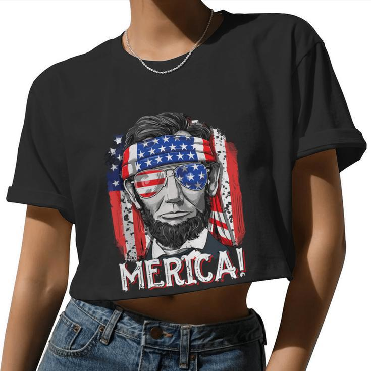 Abraham Lincoln 4Th Of July Merica Men Women American Flag Women Cropped T-shirt