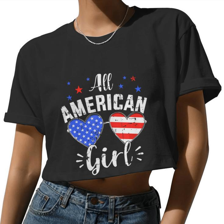 All American 4Th Of July Girl With Sunglasses And Us Flag Women Cropped T-shirt